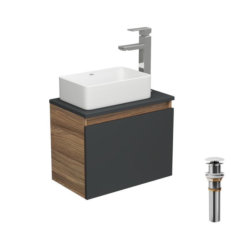 Комплект для ванной, 4 предмета (тумба Bau 50, графит + раковина BAU Hotel mini 37х23 + смеситель Hotel Still, выпуск клик-клак, белый)