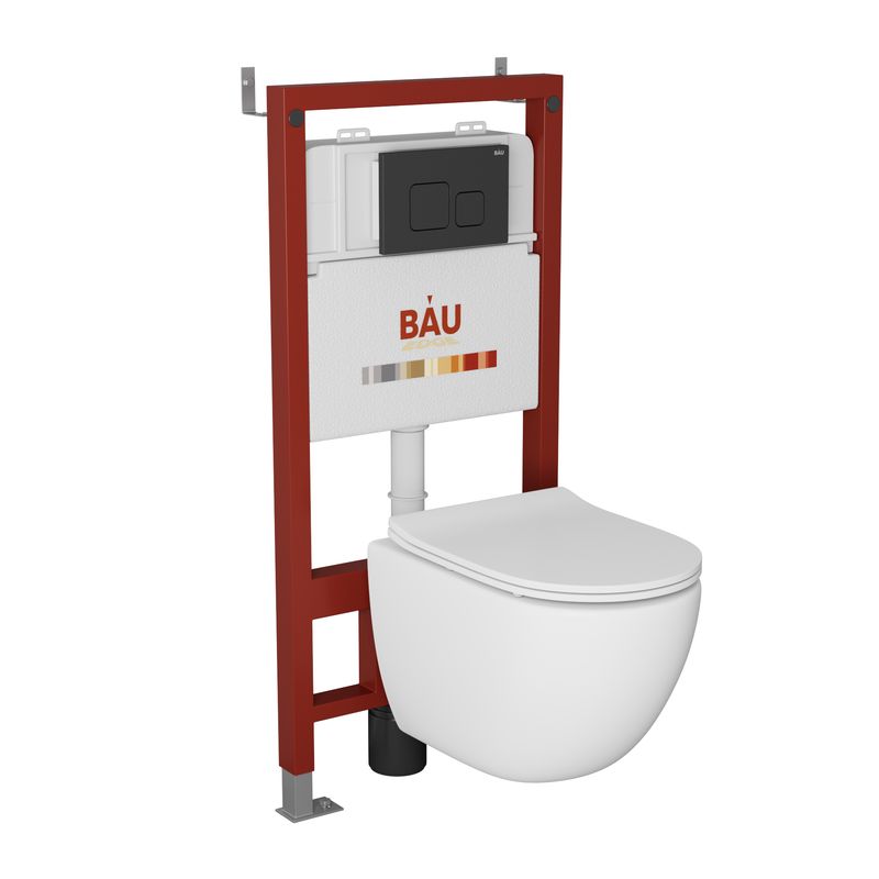 Комплект BAU 6 в 1: инсталляция BAU PRO, унитаз подвесной безободковый Bau Dream PRO-2, сиденье быстросъемное микролифт, кнопка смыва BAU Soul, черная матовая