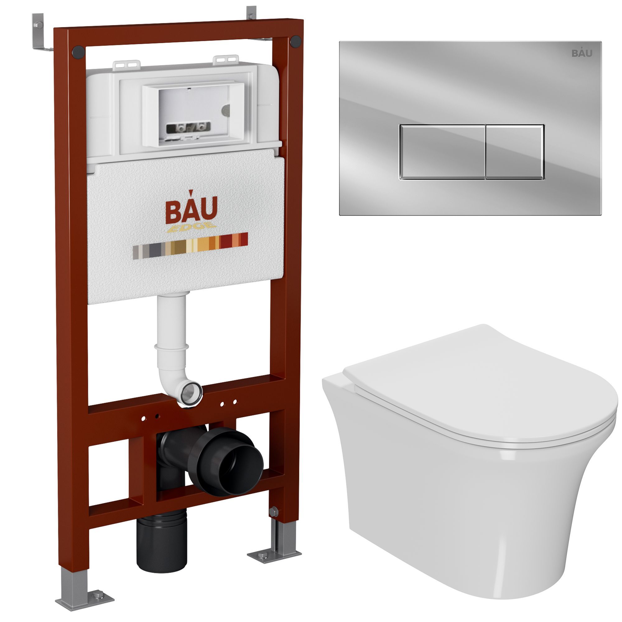 Комплект BAU 6 в 1: инсталляция BAU PRO, унитаз подвесной безободковый Bau Spectrum PRO, сиденье быстросъемное микролифт, клавиша BAU Hotel, хром