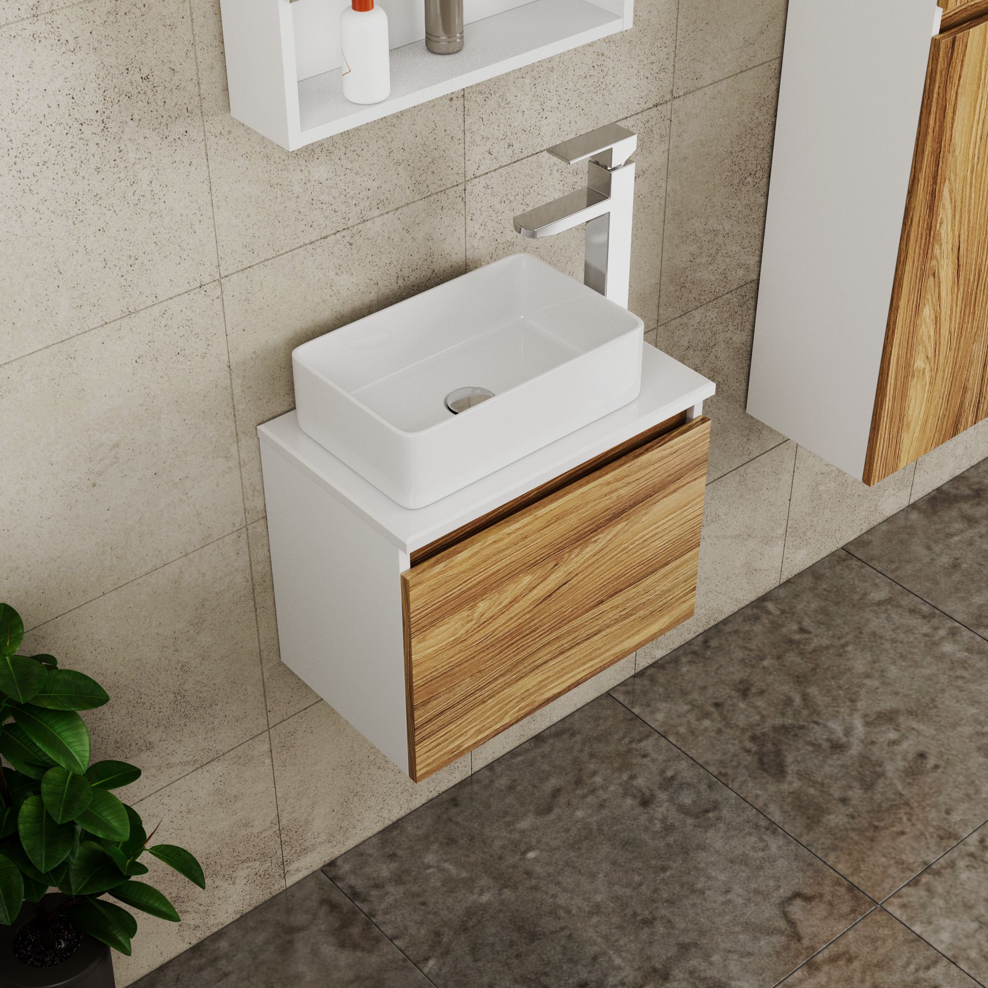 Комплект для ванной, 4 предмета (Тумба Bau Dream Blackwood 50, раковина BAU Mini 38х24, смеситель для раковины высокий Hotel Still, нержавеющая сталь, выпуск клик клак, хром)