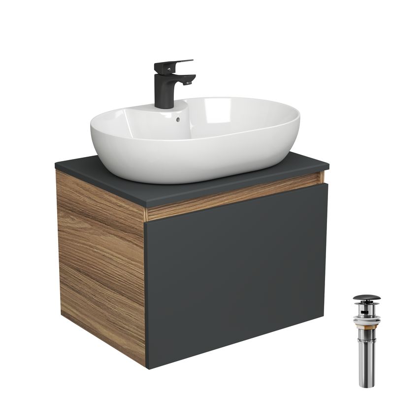 Комплект для ванной, 4 предмета (Тумба подвесная Blackwood 60 графит + Раковина BAU 60х42, с отв. под см-ль + Смеситель Cerama Black, выпуск черный)