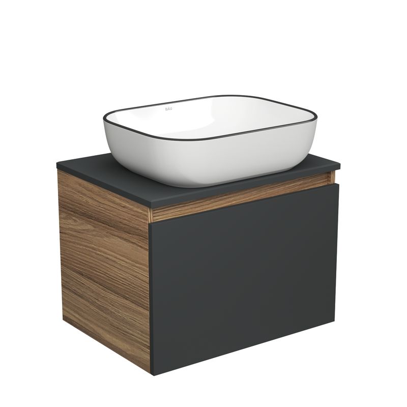 Тумба с раковиной (тумба подвесная Bau Dream Blackwood 60, графит + раковина санфаянс накладная BAU Stil Black Rand 50х40)