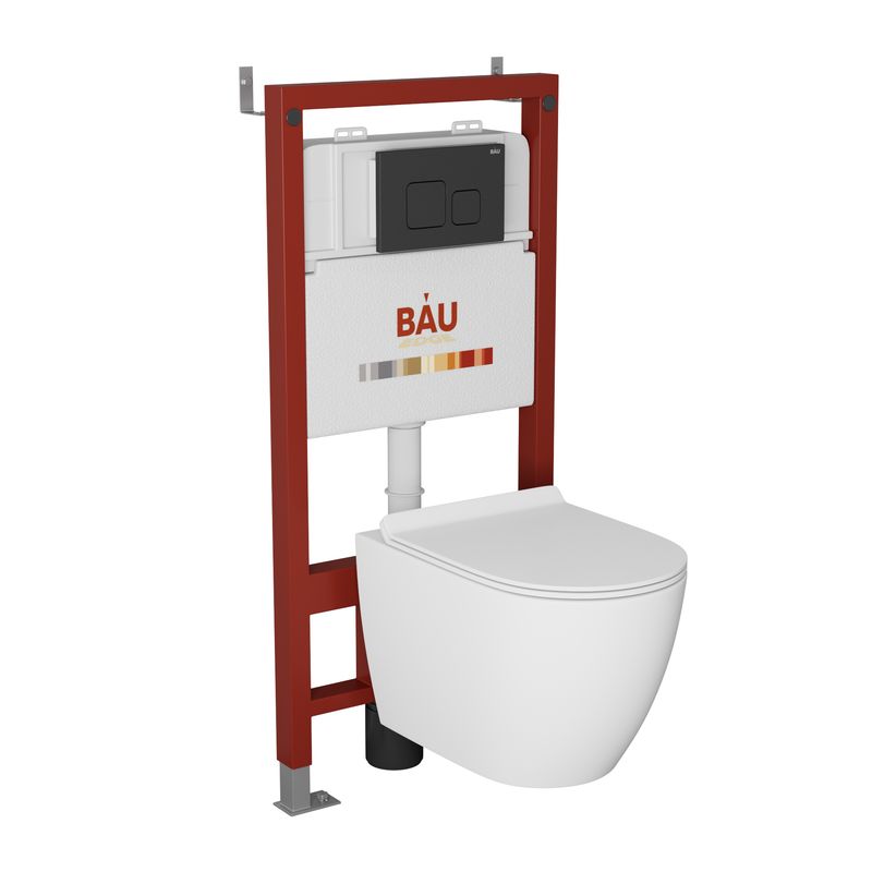 Комплект BAU 6 в 1: инсталляция BAU PRO, унитаз подвесной безободковый Bau Dream PRO, сиденье дюропласт микролифт, кнопка смыва BAU Soul для инсталляции, черная матовая