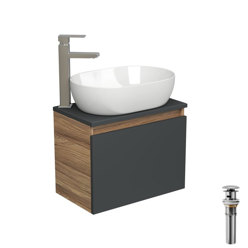 Комплект для ванной, 4 предмета (Тумба подвесная Bau Blackwood 50 графит + Раковина BAU 48х34, Смеситель высокий Hotel Still, нерж. сталь, выпуск)