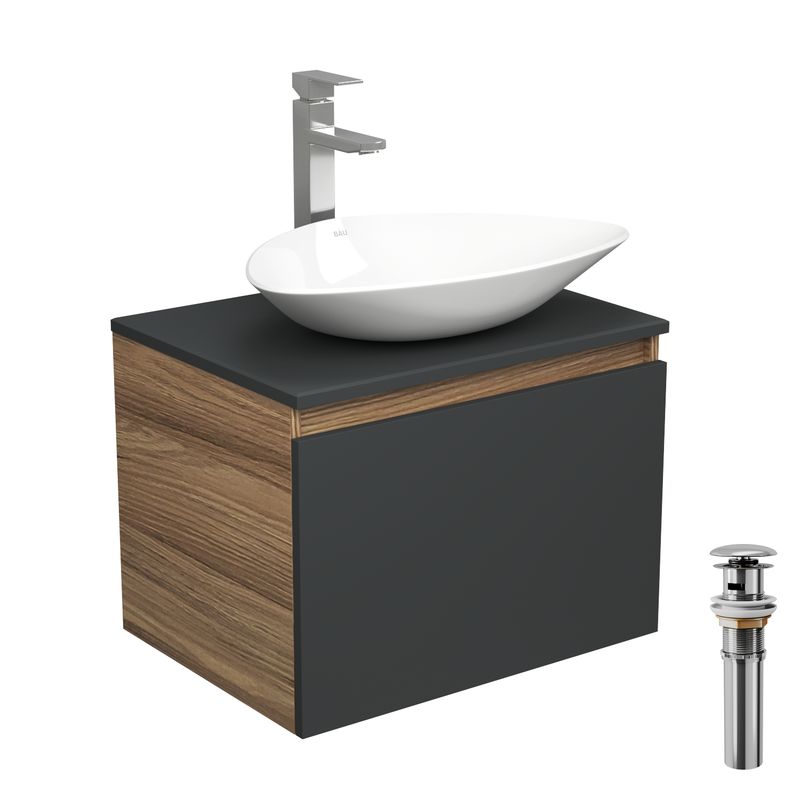 Комплект для ванной, 4 предмета (тумба Bau 60, графит + раковина BAU Triangle 59х39 + смеситель Hotel Still, выпуск клик-клак, хром)