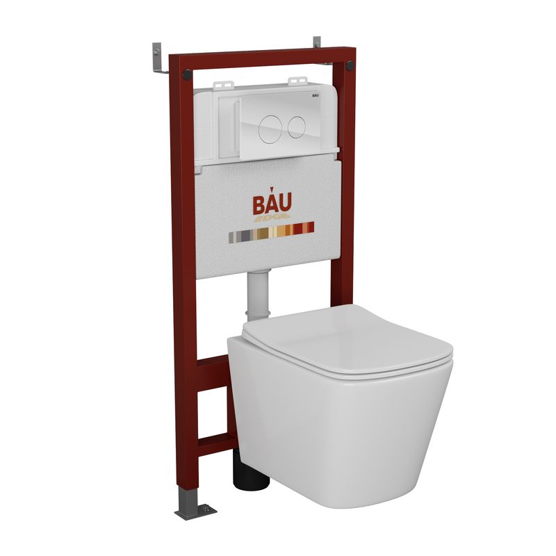 Комплект BAU 6 в 1: инсталляция BAU PRO, Унитаз подвесной безободковый Bau Stil 49x35, сиденье дюропласт микролифт, клавиша из стекла BAU Dream, белая