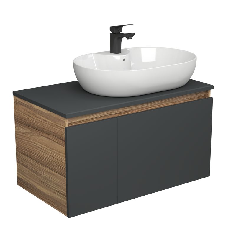 Комплект для ванной, 3 предмета (Тумба подвесная Bau Blackwood 80 графит + Раковина BAU 60х42, с отв. под см-ль, Смеситель Cerama Black, черный)