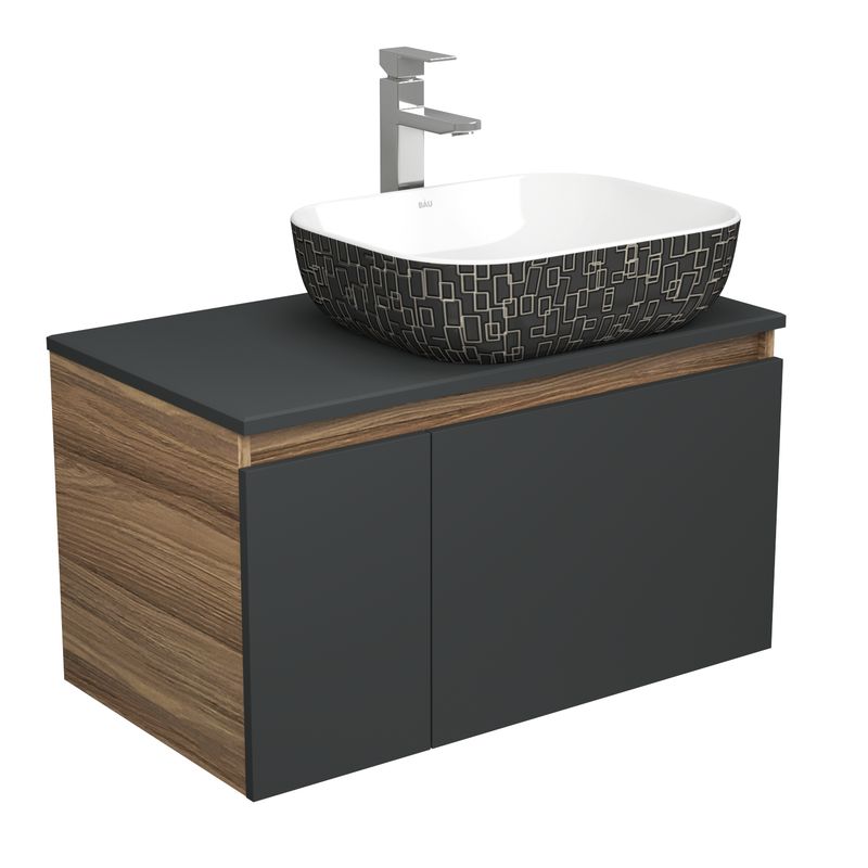 Комплект для ванной, 3 предмета (тумба Bau Dream 80, графит + раковина санфаянс накладная BAU Stil Black White 50х40, смеситель высокий Hotel Still)