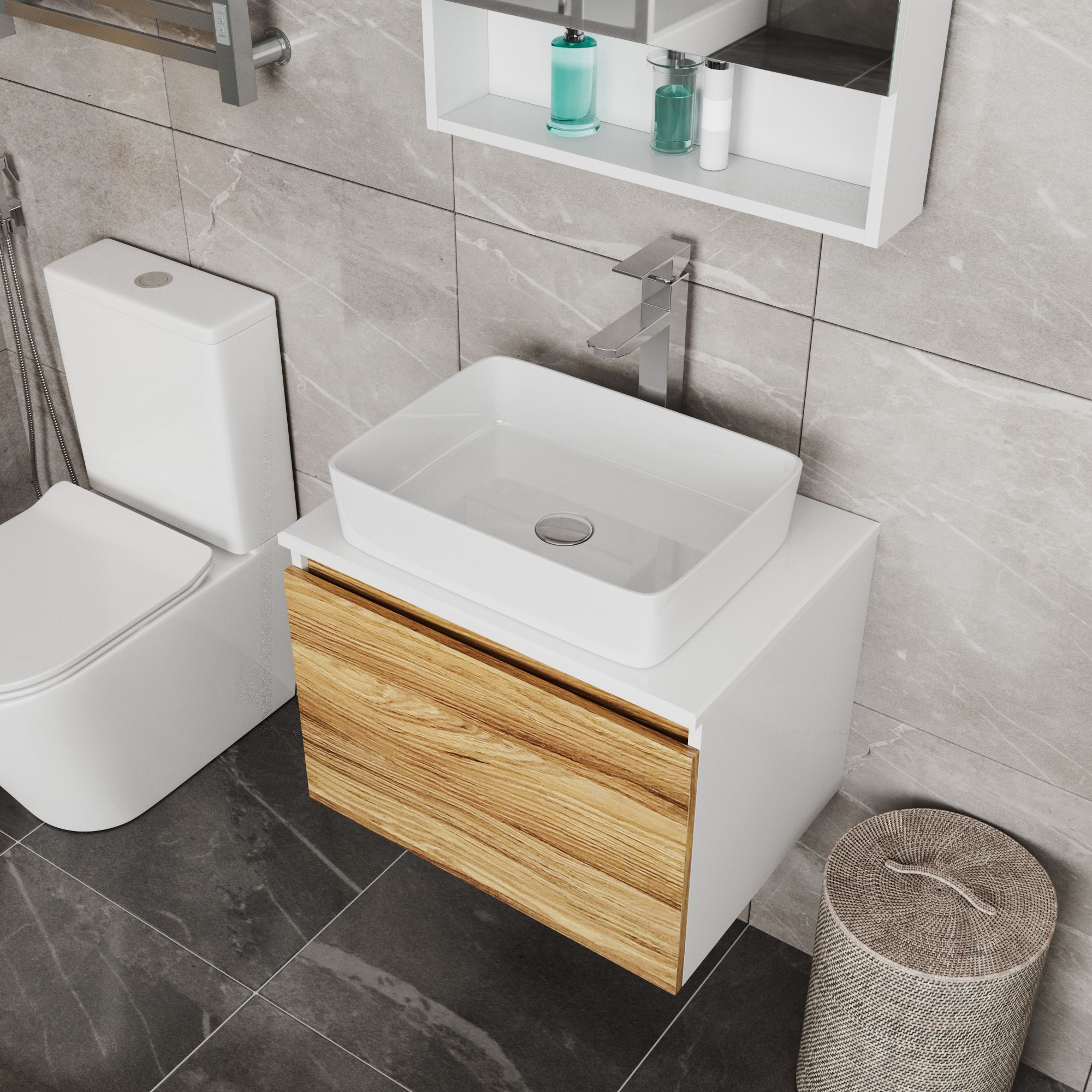 Комплект для ванной, 3 предмета (Тумба Bau Dream Blackwood 60, раковина BAU Hotel 48х37, смеситель для раковины высокий Hotel Still, нержавеющая сталь)