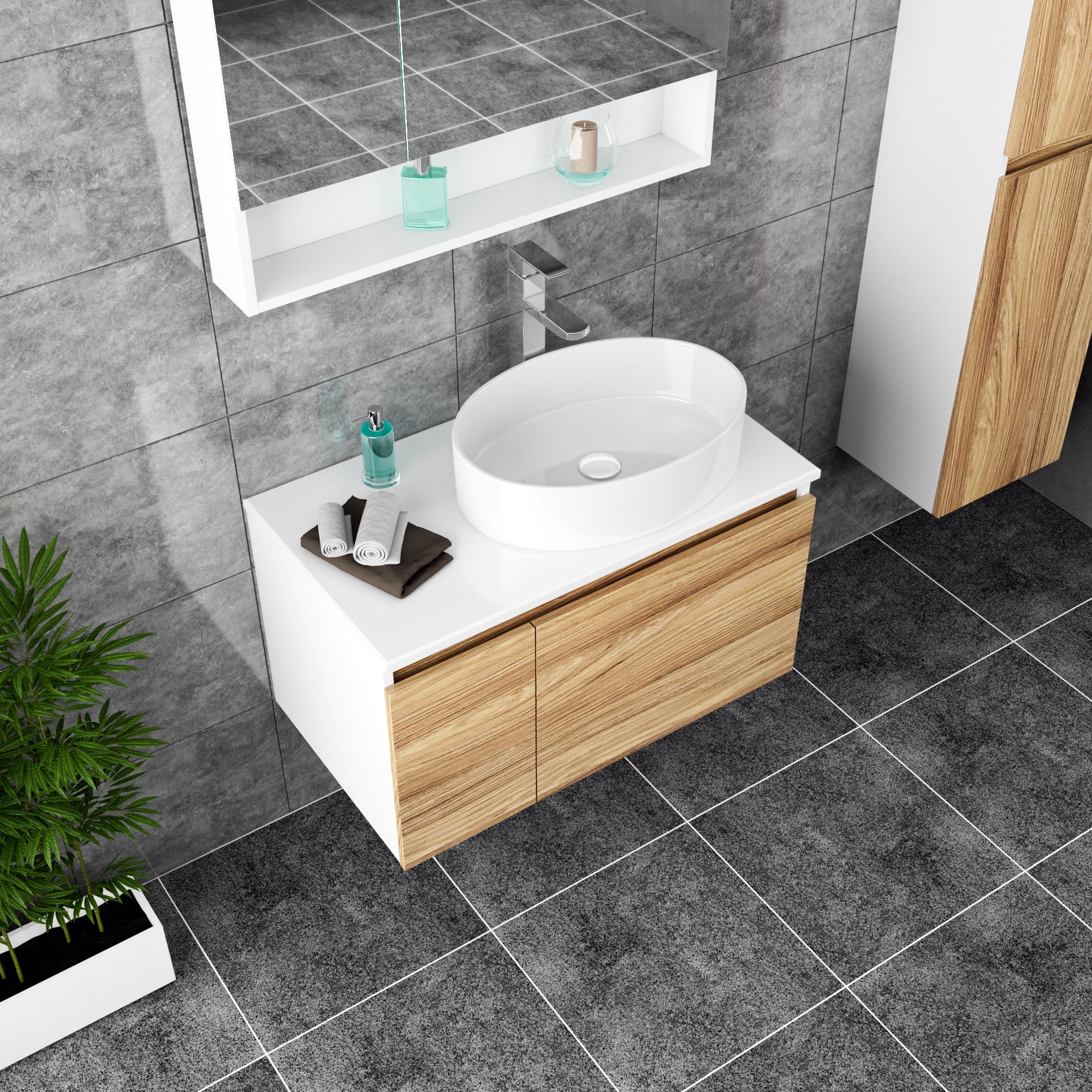 Комплект для ванной, 4 предмета (Тумба Bau Dream Blackwood 80, раковина BAU Nimb 50х36, смеситель для раковины высокий Hotel Still, нержавеющая сталь, выпуск клик клак, белый)