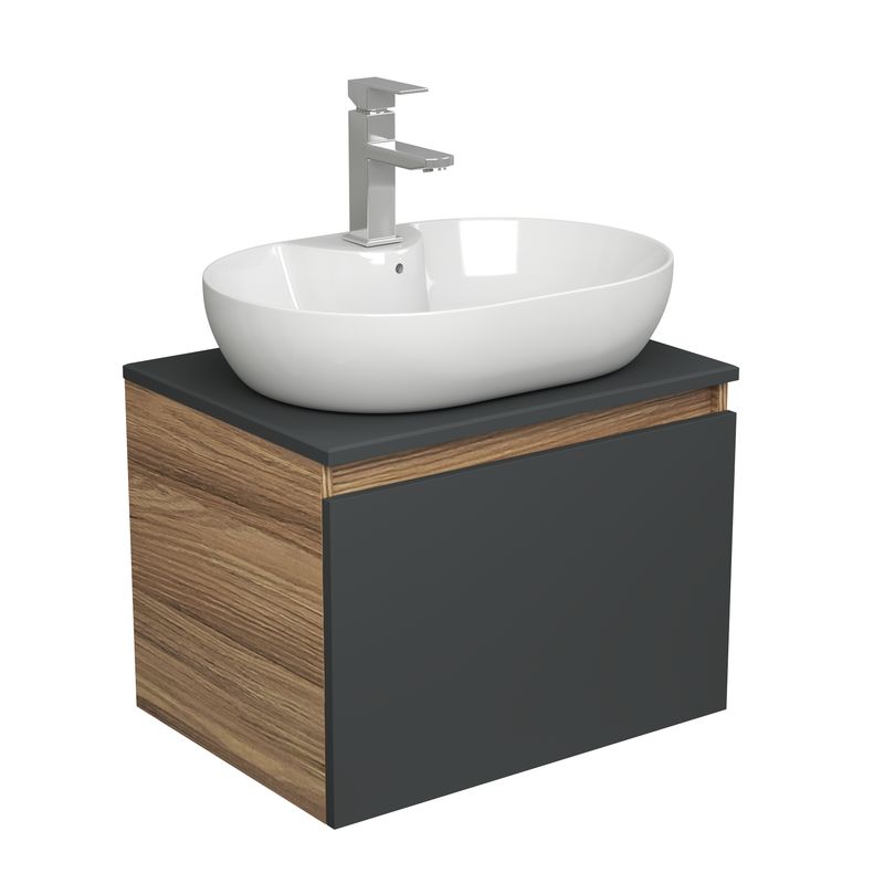 Комплект для ванной, 3 предмета (Тумба подвесная Bau Blackwood 60 графит + Раковина BAU 60х42, с отв. под см-ль, Смеситель Hotel Still, нерж. сталь)