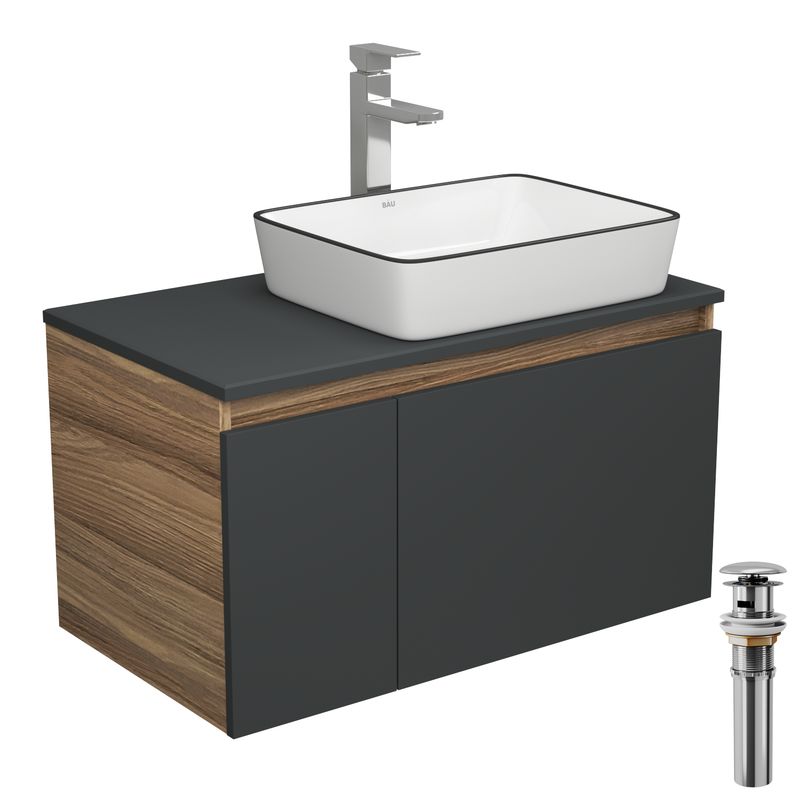 Комплект для ванной, 4 предмета (тумба Bau 80, графит + раковина BAU Hotel Black Rand 48х37 + смеситель Hotel Still, выпуск клик-клак, хром)