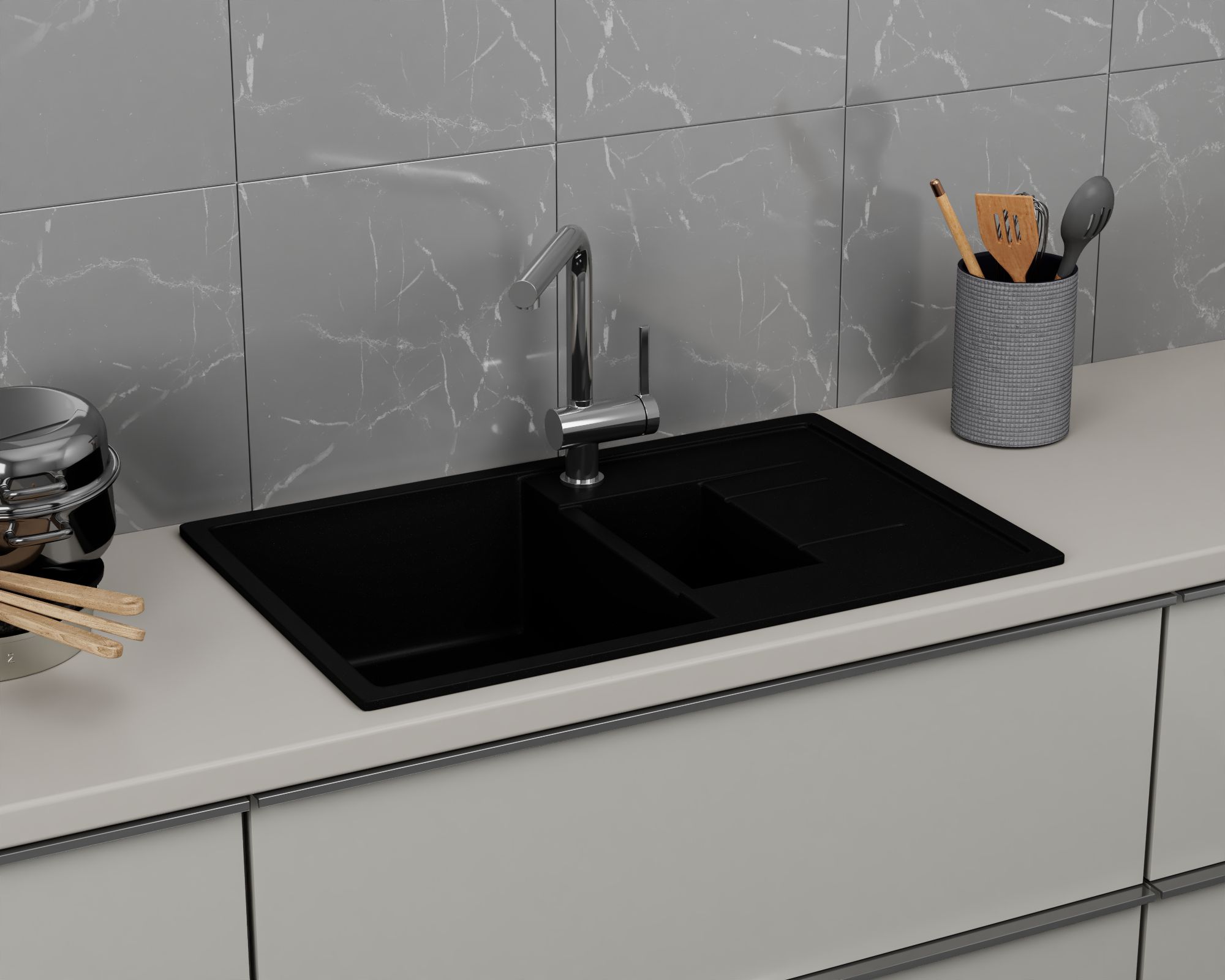 Мойка для кухни оборачиваемая полуторная чаша с крылом BAU Stil Black coal 77х50, выпуск с сифоном в комплекте, черный уголь