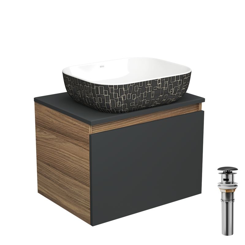 Тумба с раковиной и выпуском (тумба Bau Dream 60, графит + раковина санфаянс накладная BAU Stil Black White 50х40, выпуск клик-клак, черный)