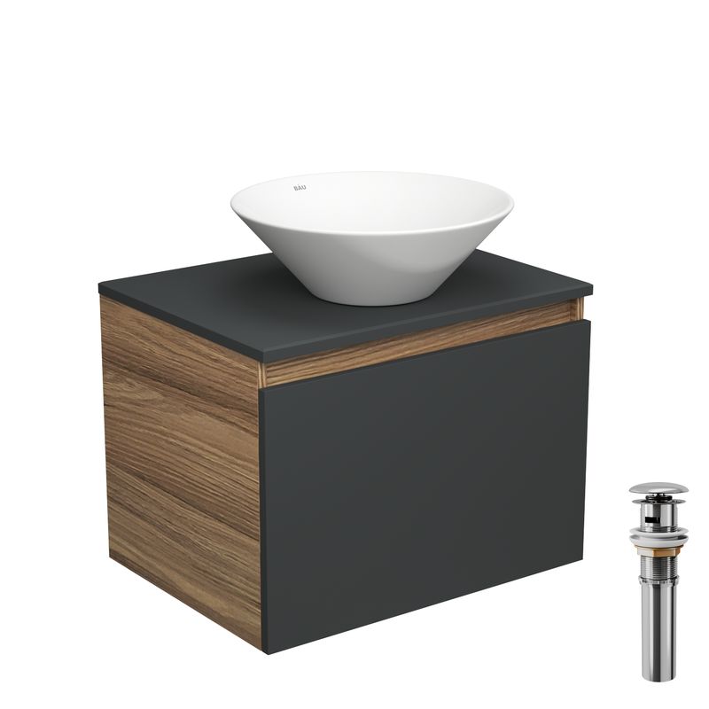 Тумба с раковиной и выпуском (тумба Bau Dream 60, графит + раковина санфаянс накладная круглая BAU Dream D43, выпуск клик-клак, хром)