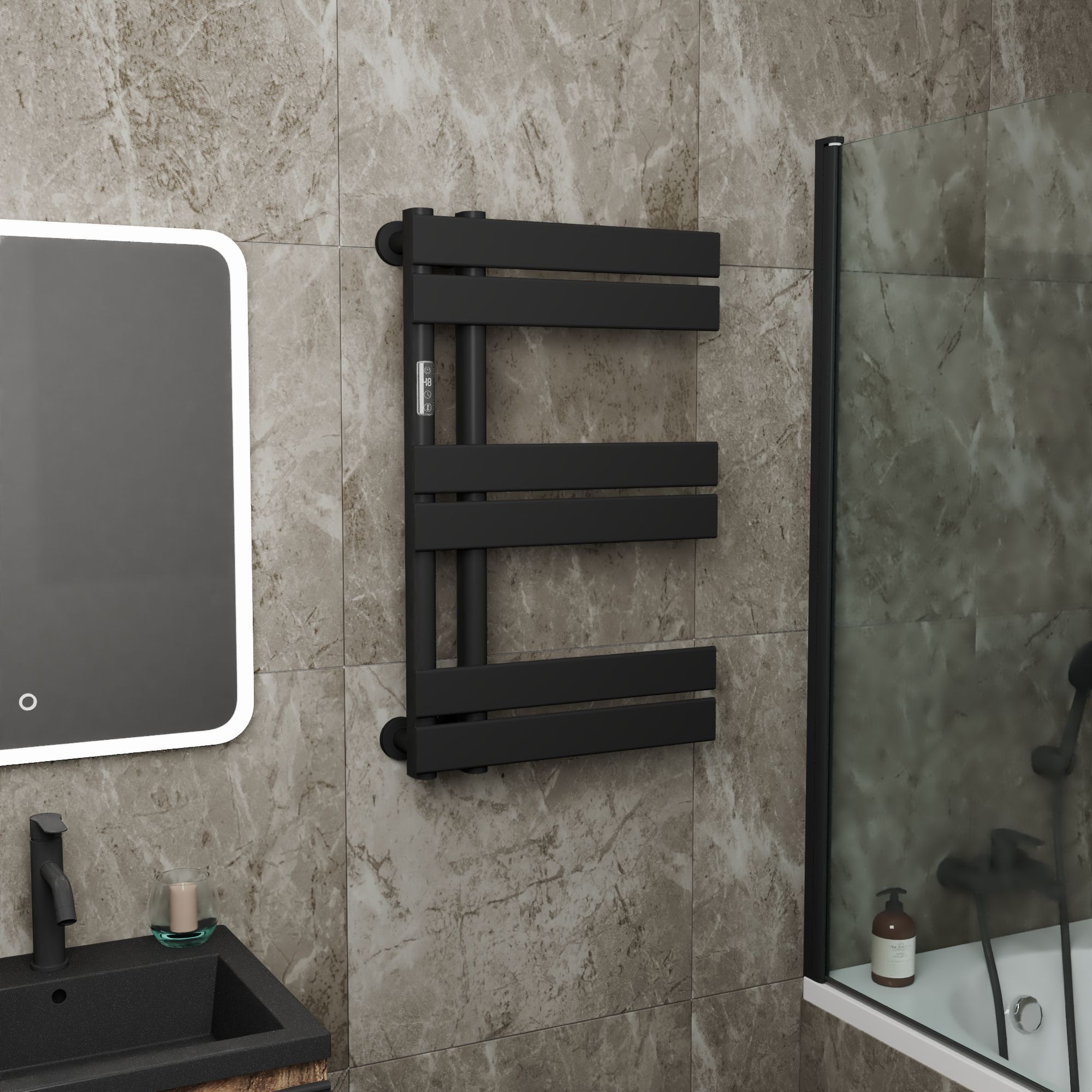 Полотенцесушитель дизайнерский электрический BAU Eastern Wind Black 80х50, подключение нижнее, черный матовый