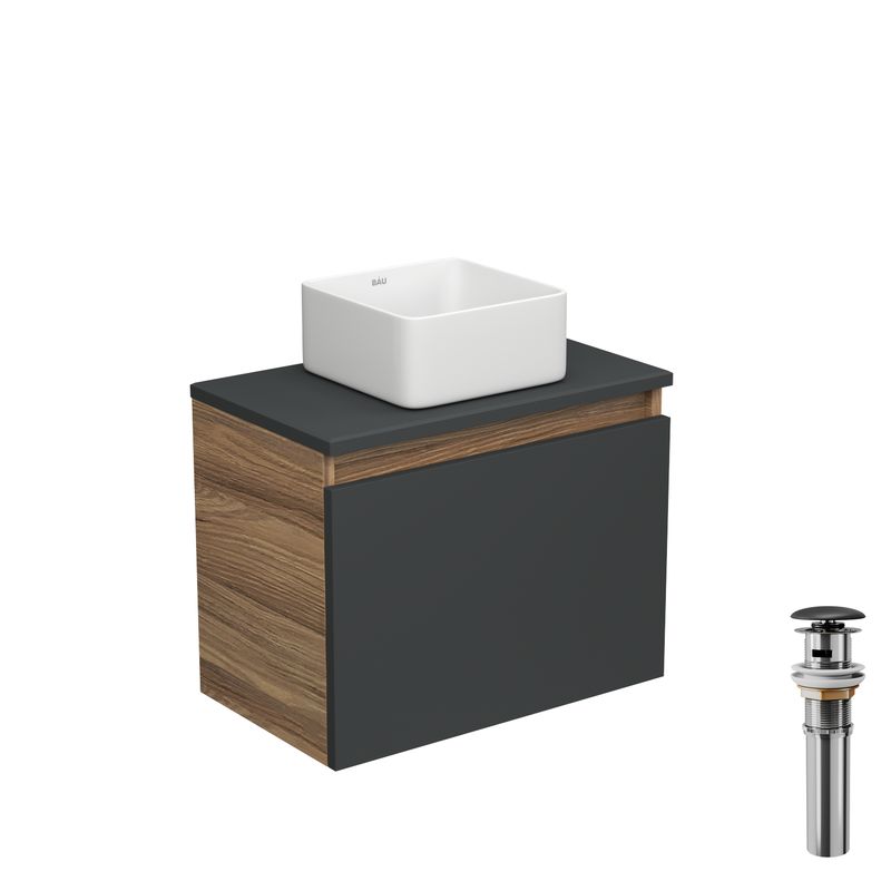 Тумба с раковиной и выпуском (тумба Bau Dream 50, графит + раковина накладная квадратная BAU Hotel mini 24х24, выпуск клик-клак, черный)