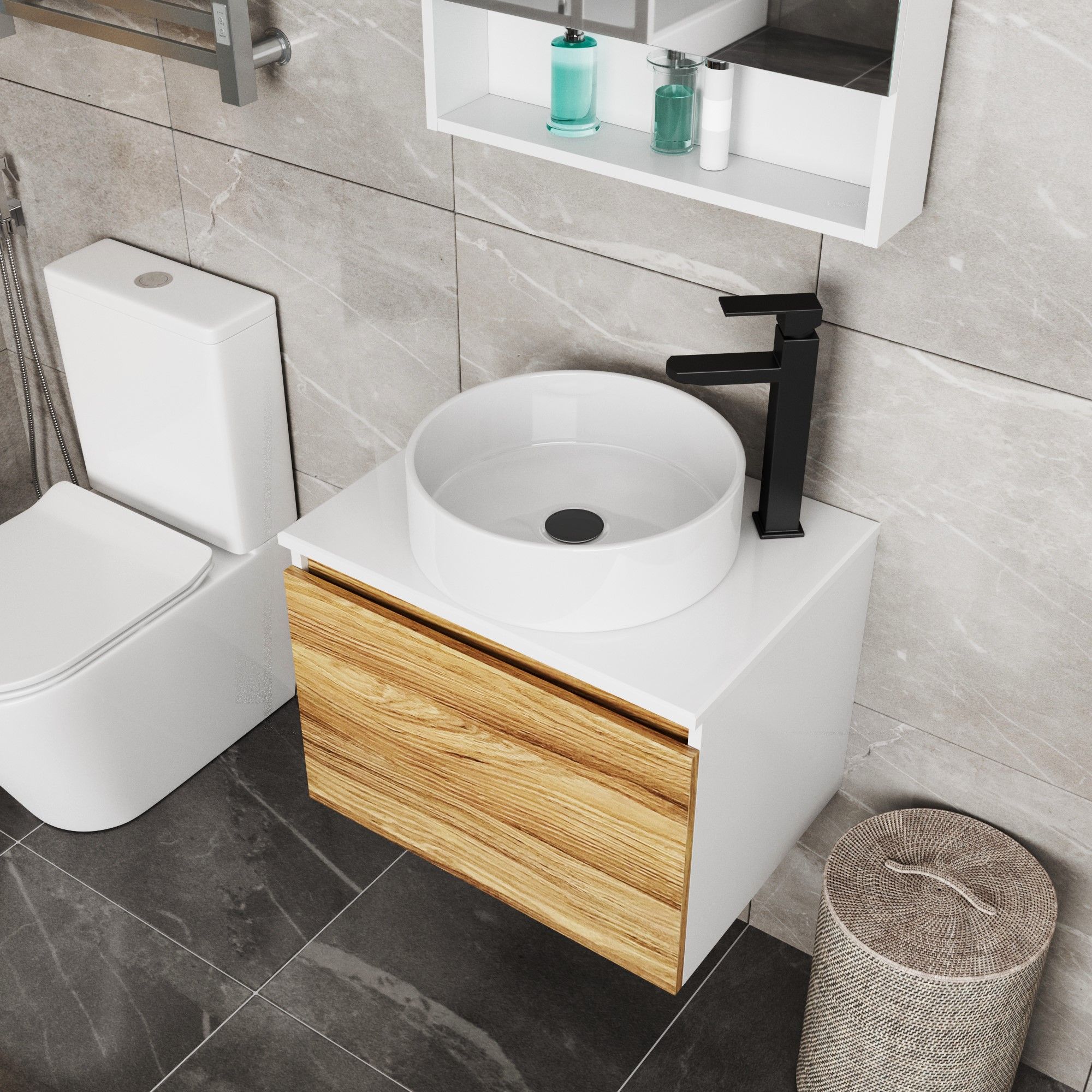 Комплект для ванной, 3 предмета (Тумба Bau Dream Blackwood 80, раковина BAU Dream круглая D41, смеситель для раковины высокий Hotel Black, черный)