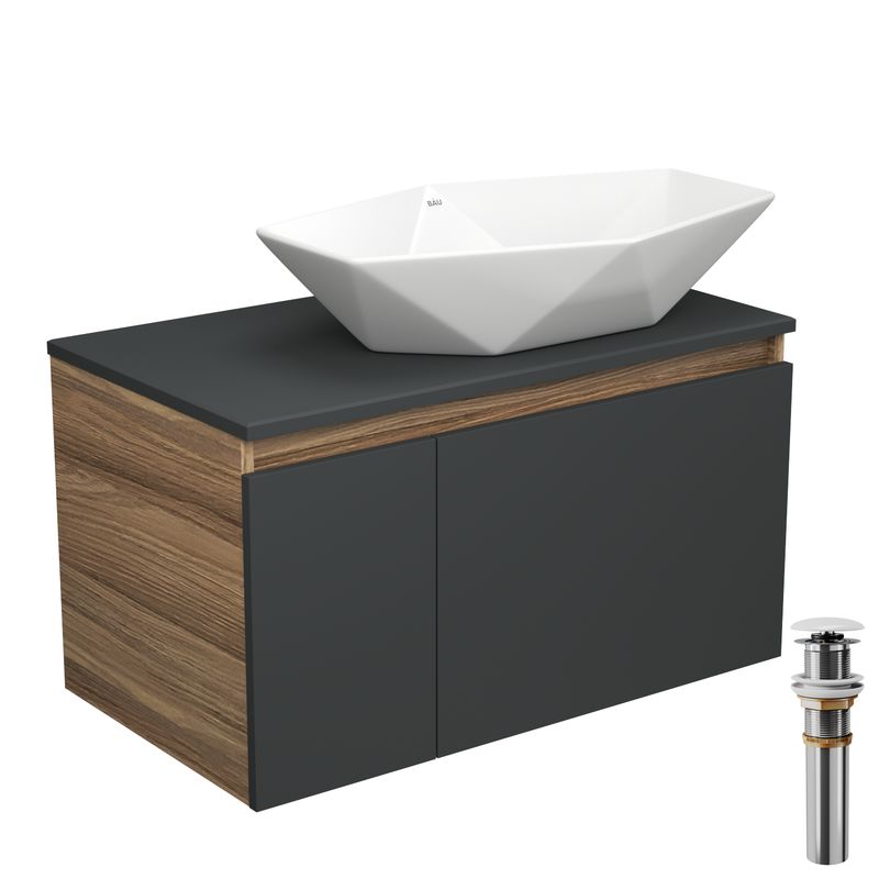 Тумба с раковиной и выпуском (тумба Bau Dream 80, графит + раковина накладная на столешницу BAU Crystal 64х40, выпуск клик-клак, белый)