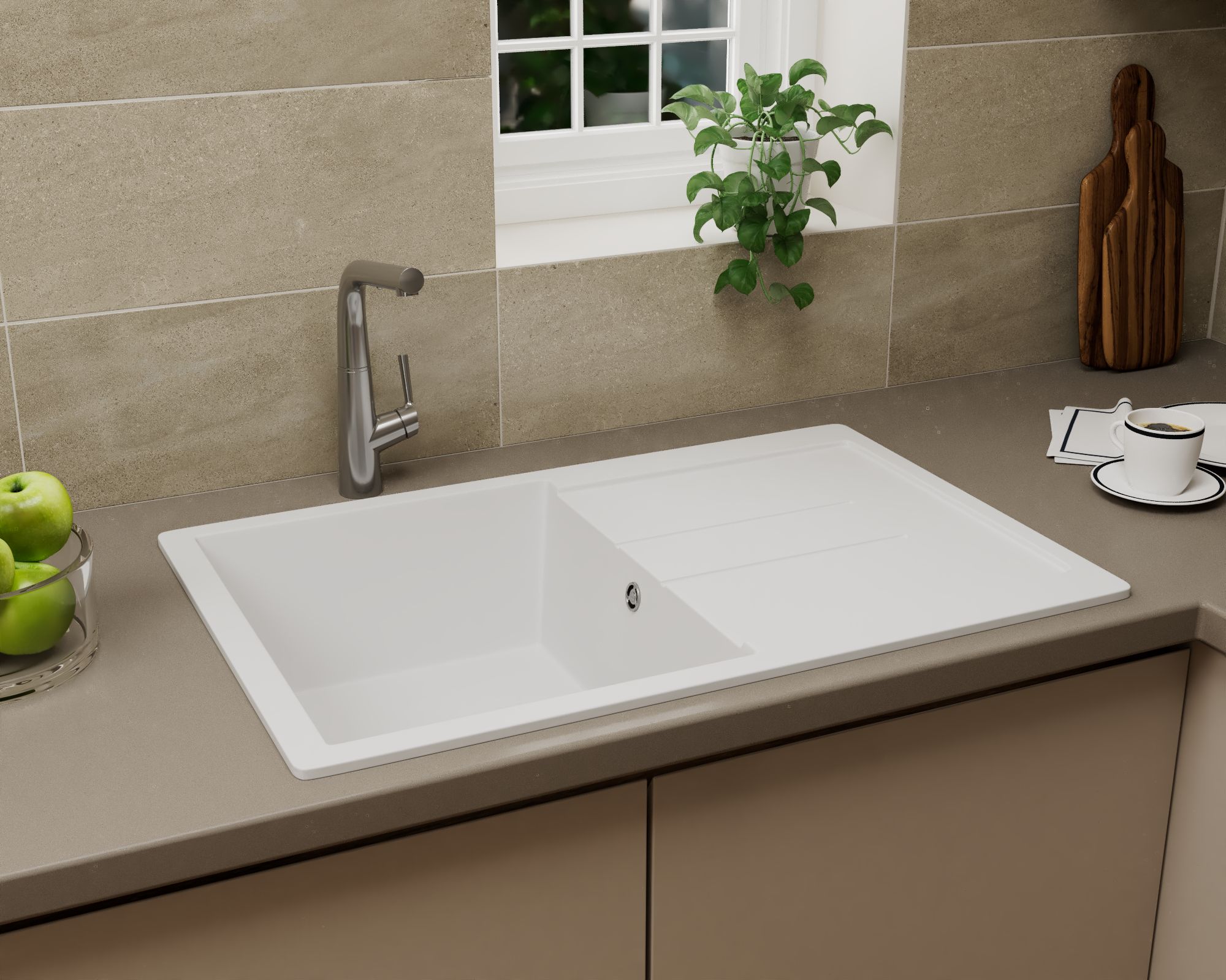 Мойка для кухни оборачиваемая с крылом BAU Stil White snow 77х50, выпуск с сифоном в комплекте, белый снег