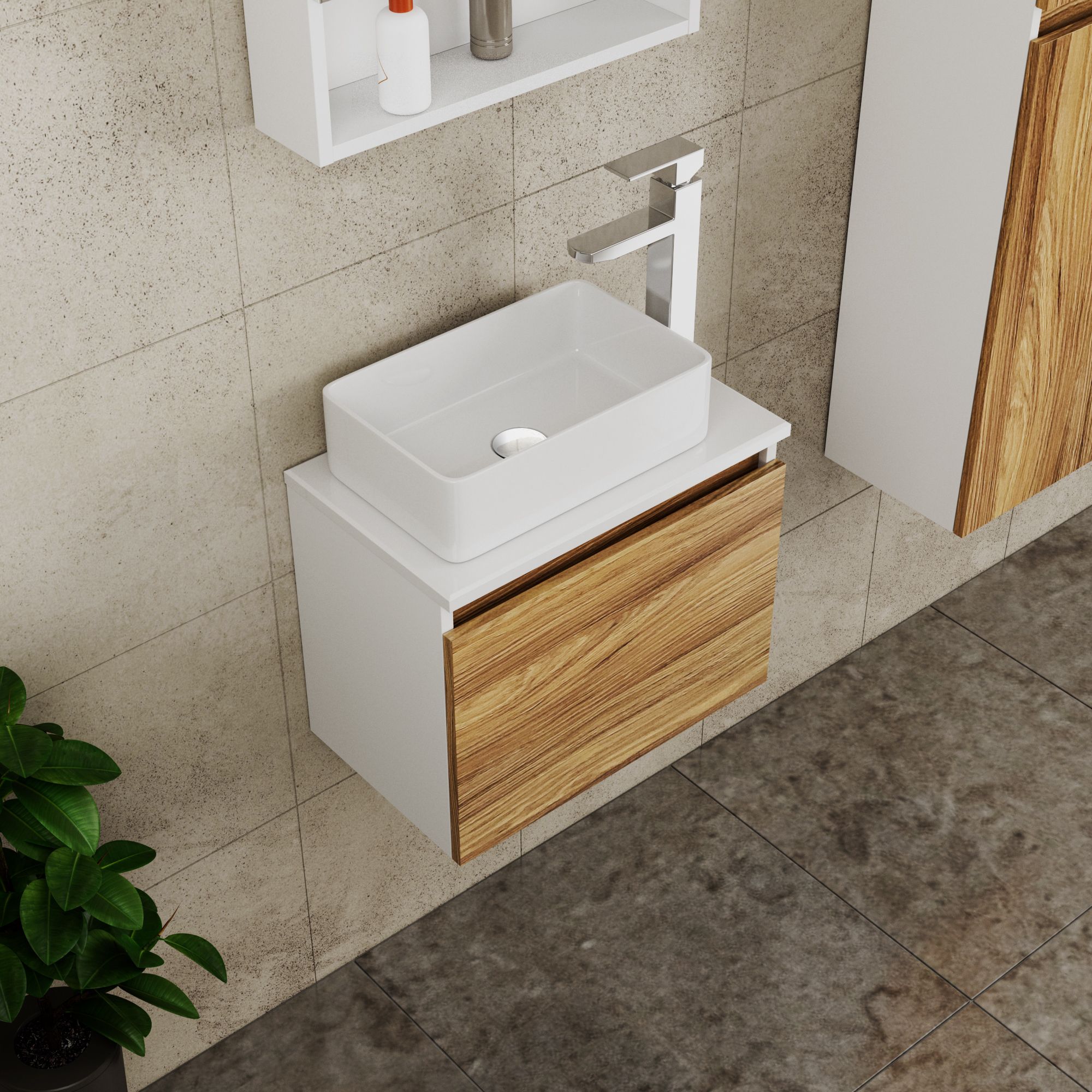 Комплект для ванной, 4 предмета (Тумба Bau Dream Blackwood 50, раковина BAU Mini 38х24, смеситель для раковины высокий Hotel Still, нержавеющая сталь, выпуск клик клак, белый)