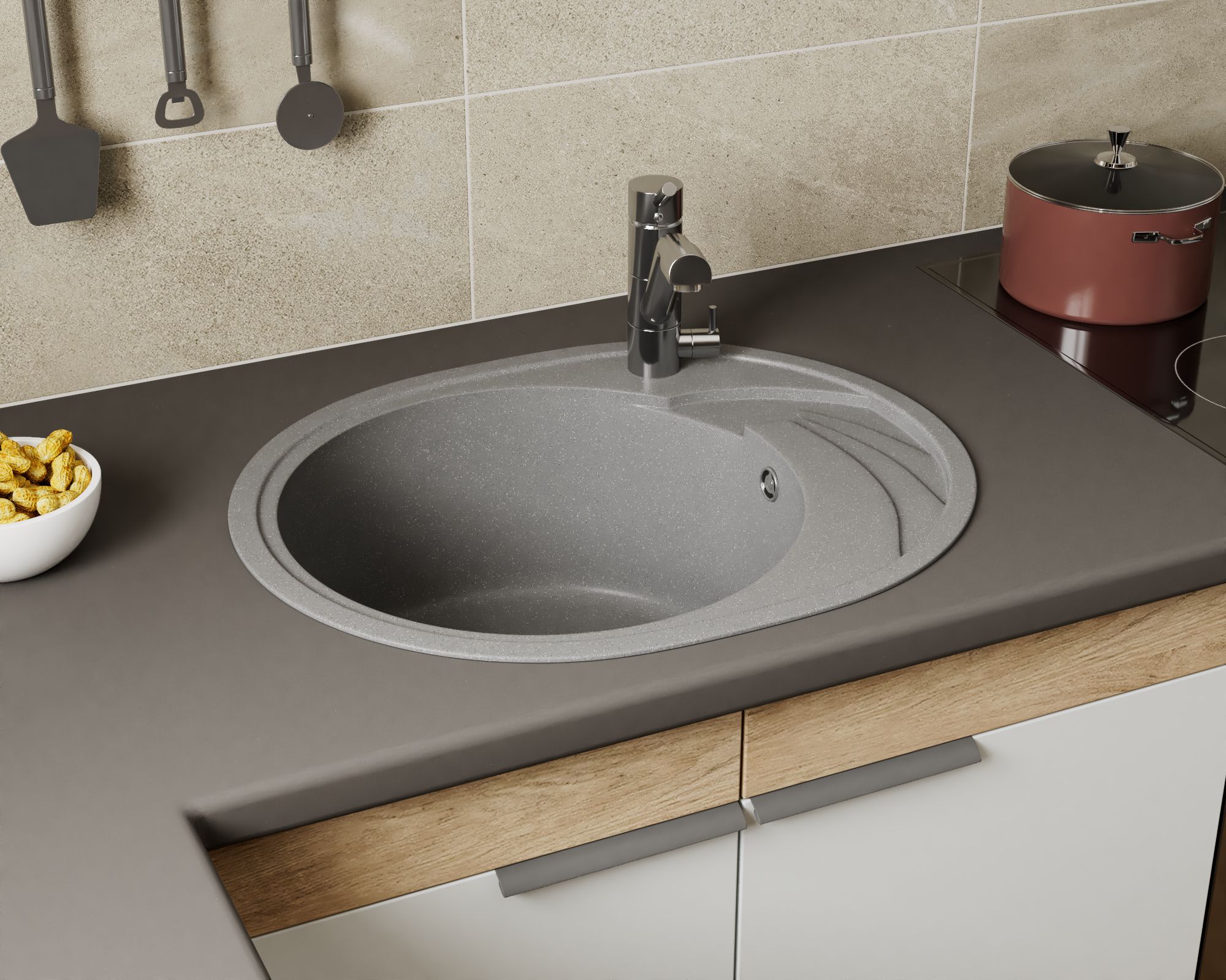 Мойка для кухни оборачиваемая овальная BAU Nimb Gray stone 58х47, выпуск с сифоном в комплекте, серый камень