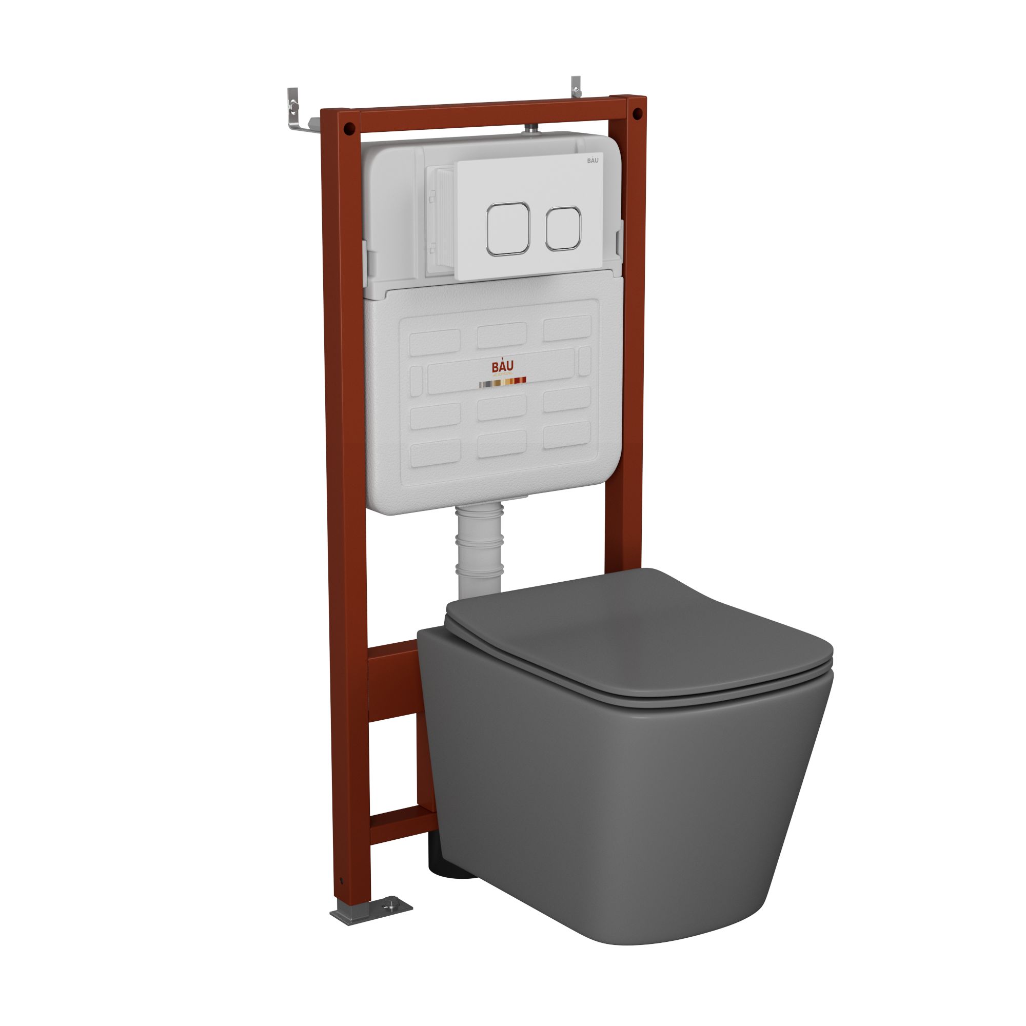 Комплект BAU 6 в 1: усиленная инсталляция BAU IDEAL, унитаз подвесной безободковый Bau Stil 49х35 темно-серый матовый, сиденье дюропласт микролифт, клавиша BAU Strike, белая/хром