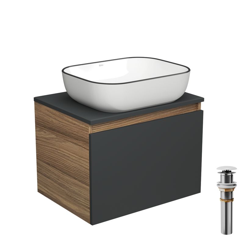 Тумба с раковиной и выпуском (тумба Bau Dream 60, графит + раковина санфаянс накладная BAU Stil Black Rand 50х40, выпуск клик-клак, белый)
