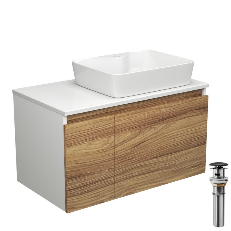 Тумба с раковиной и выпуском (тумба подвесная Bau Dream 80 + раковина BAU Cerama 48х37, с отверстием под смеситель, белая, выпуск клик-клак, черный)