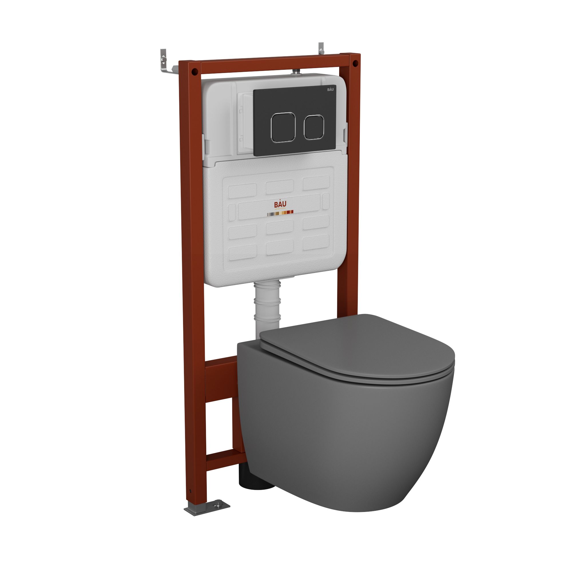 Комплект BAU 6 в 1: усиленная инсталляция BAU IDEAL, унитаз подвесной безободковый Bau Dream 49,5х36 темно-серый матовый, сиденье дюропласт микролифт, клавиша BAU Strike, черная матовая