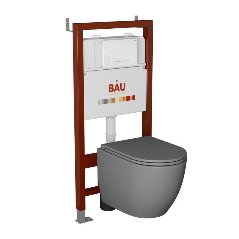 Комплект BAU 6 в 1: инсталляция BAU PRO, унитаз подвесной торнадо обратного потока Bau Dream Hurricane-2, сиденье дюропласт микролифт, темно-серый матовый, клавиша BAU Hotel, белый глянец