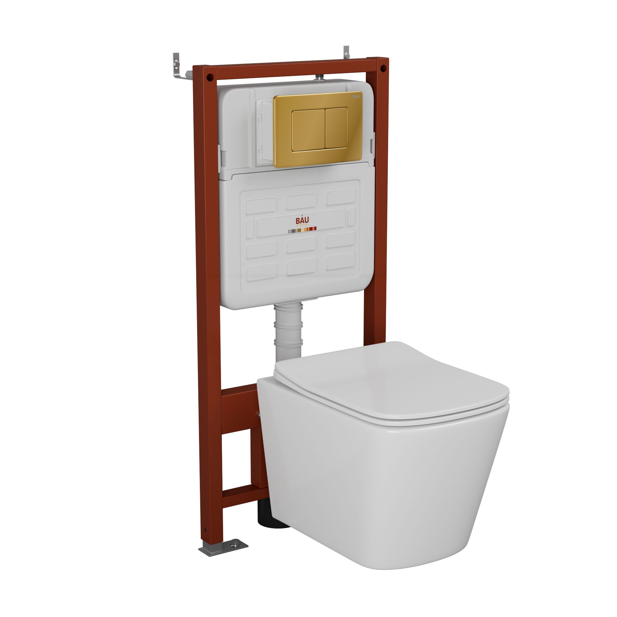 Комплект BAU 6 в 1: усиленная инсталляция BAU IDEAL, унитаз подвесной безободковый Bau Stil 49х35, сиденье дюропласт микролифт, клавиша BAU Light антивандальная, нерж. сталь золото