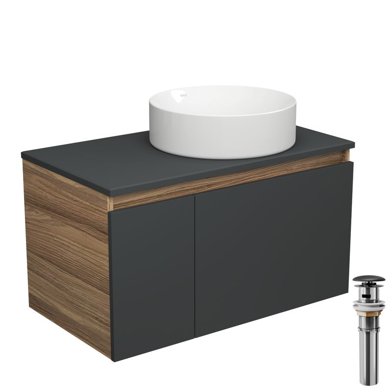Тумба с раковиной и выпуском (тумба Bau Dream 80, графит + раковина санфаянс накладная круглая BAU Dream D41, выпуск клик-клак, черный)