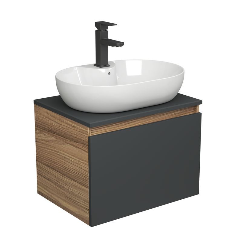 Комплект для ванной, 3 предмета (Тумба подвесная Bau Blackwood 60 графит + Раковина BAU 60х42, с отв. под см-ль, Смеситель Hotel Black, черный)