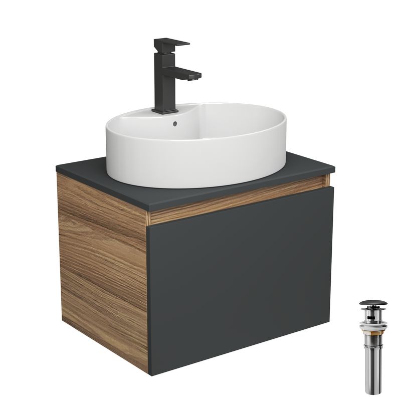 Комплект для ванной, 4 предмета (Тумба подвесная Blackwood 60 графит + Раковина BAU 51х41, с отв. под см-ль + Смеситель Hotel Black, выпуск черный)