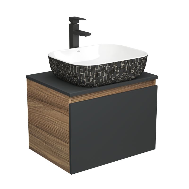 Комплект для ванной, 3 предмета (тумба Bau Dream 60, графит + раковина санфаянс накладная BAU Stil Black White 50х40, смеситель высокий Hotel Black)