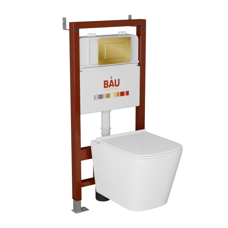 Комплект BAU 6 в 1: инсталляция BAU PRO, унитаз подвесной безободковый Bau Stil PRO, сиденье быстросъемное микролифт, клавиша BAU Stil, золото