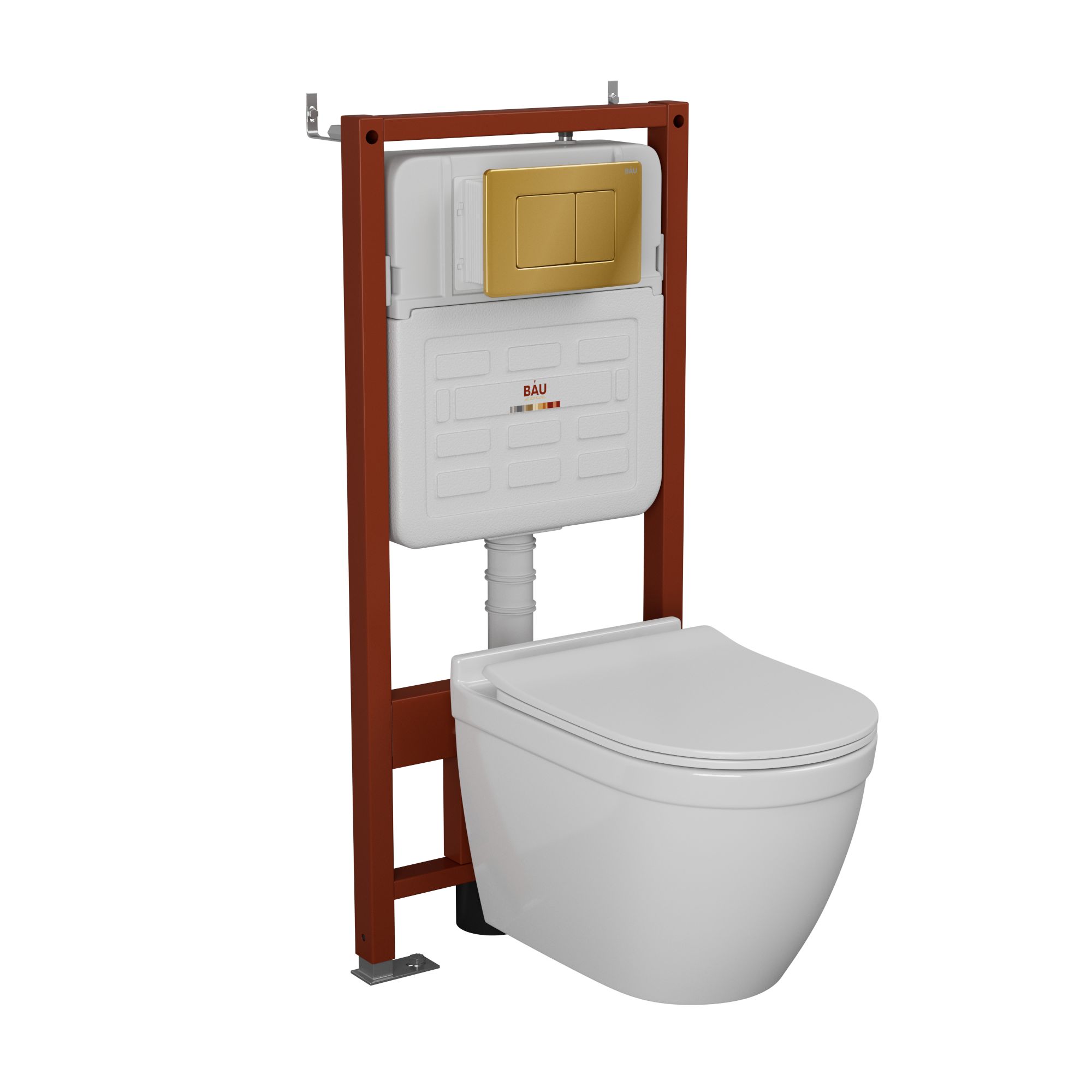 Комплект BAU 6 в 1: усиленная инсталляция BAU IDEAL, унитаз подвесной безободковый Bau Mif PRO, сиденье микролифт, клавиша BAU Light антивандальная, нерж. сталь золото