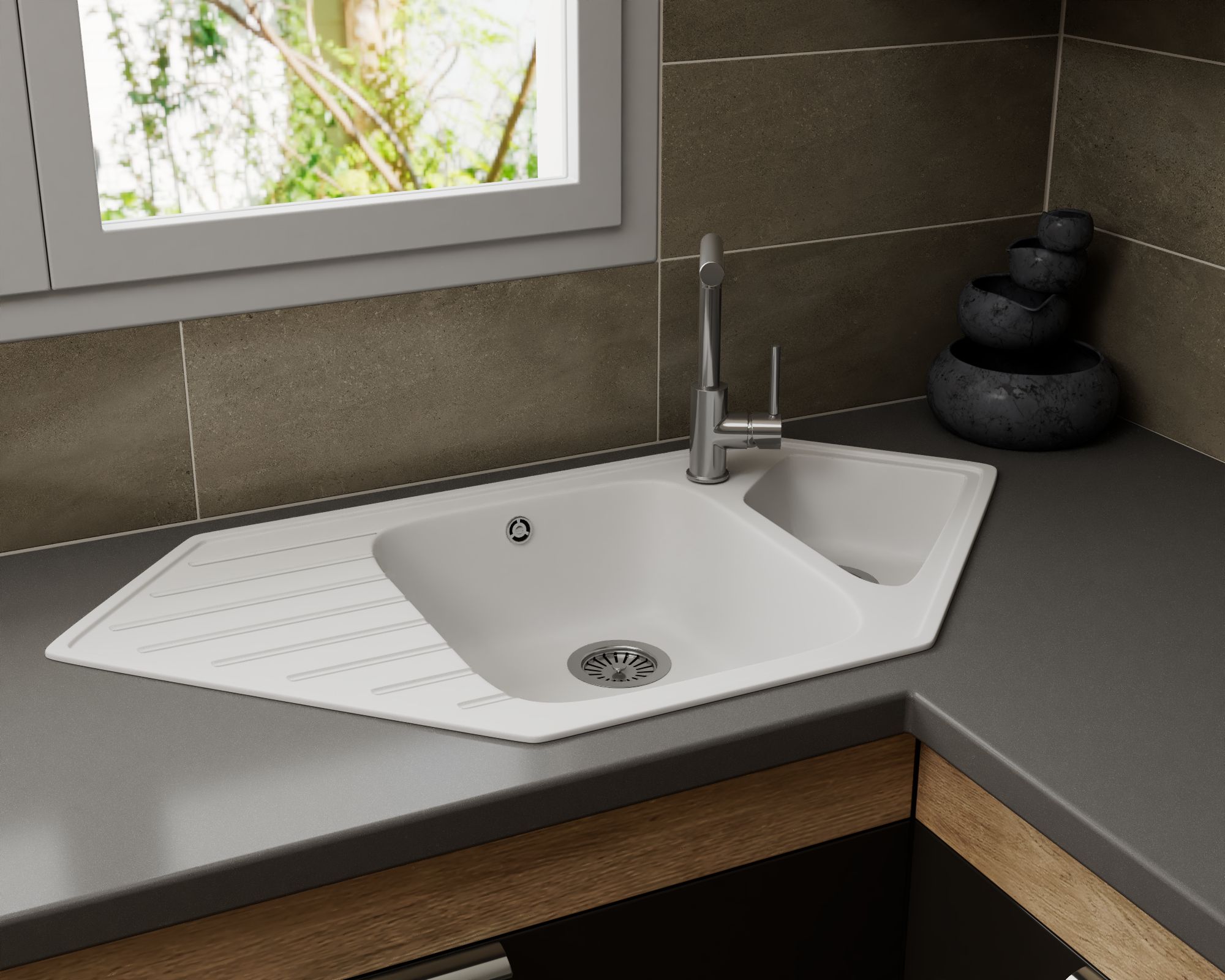 Мойка для кухни угловая BAU Triangle White snow 97х50, выпуск с сифоном в комплекте, белый снег