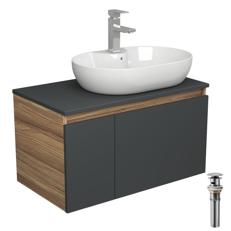 Комплект для ванной, 4 предмета (Тумба подвесная Bau Blackwood 80 графит + Раковина BAU 60х42, с отв. под см-ль, Смеситель Hotel, нерж. сталь, выпуск)