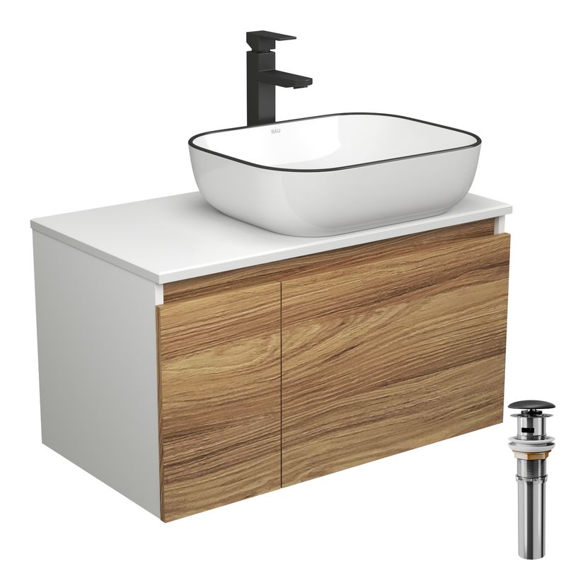 Комплект для ванной, 4 предмета (тумба Bau Dream 80 + раковина BAU 50х40, белая + смеситель Hotel Black, выпуск клик-клак, черный)