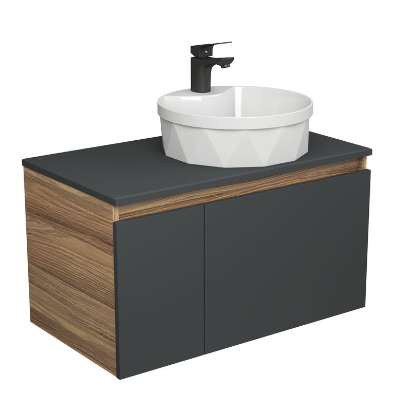 Комплект для ванной, 3 предмета (Тумба подвесная Bau Blackwood 80 графит + Раковина BAU D40, с отв. под см-ль, Смеситель Cerama Black, черный)