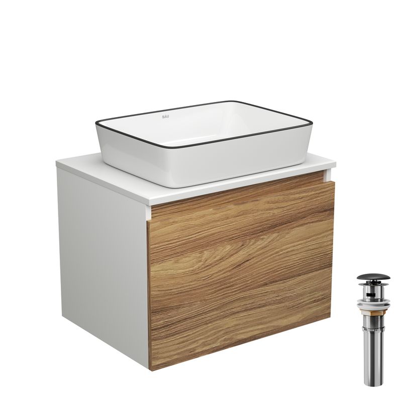 Тумба с раковиной и выпуском (тумба подвесная Bau Dream 60 + раковина BAU Hotel Black Rand 48х37, белая, выпуск клик-клак, черный)