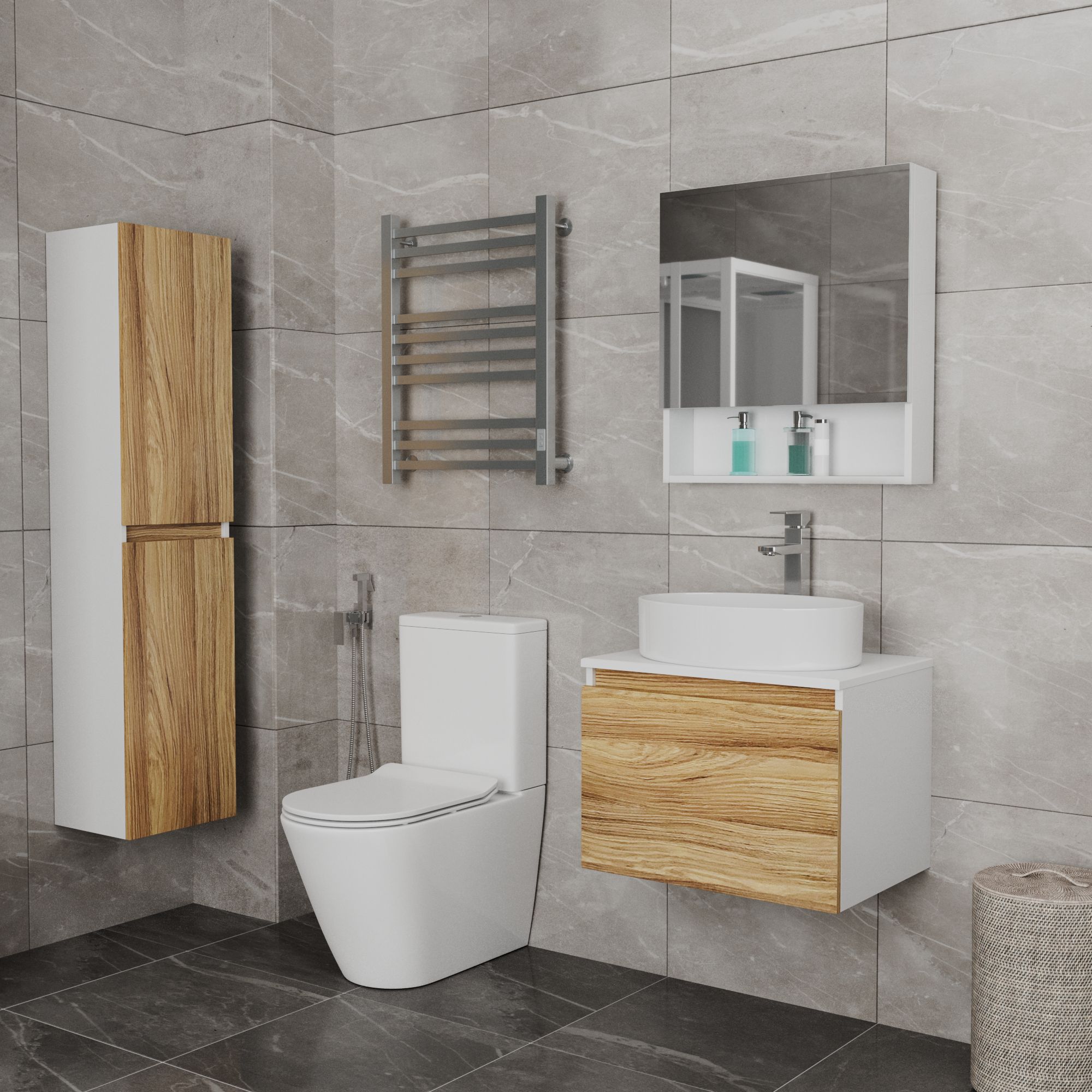 Комплект для ванной, 4 предмета (Тумба Bau Dream Blackwood 60, раковина BAU Nimb 50х36, смеситель для раковины высокий Hotel Still, нержавеющая сталь, выпуск клик клак, белый)