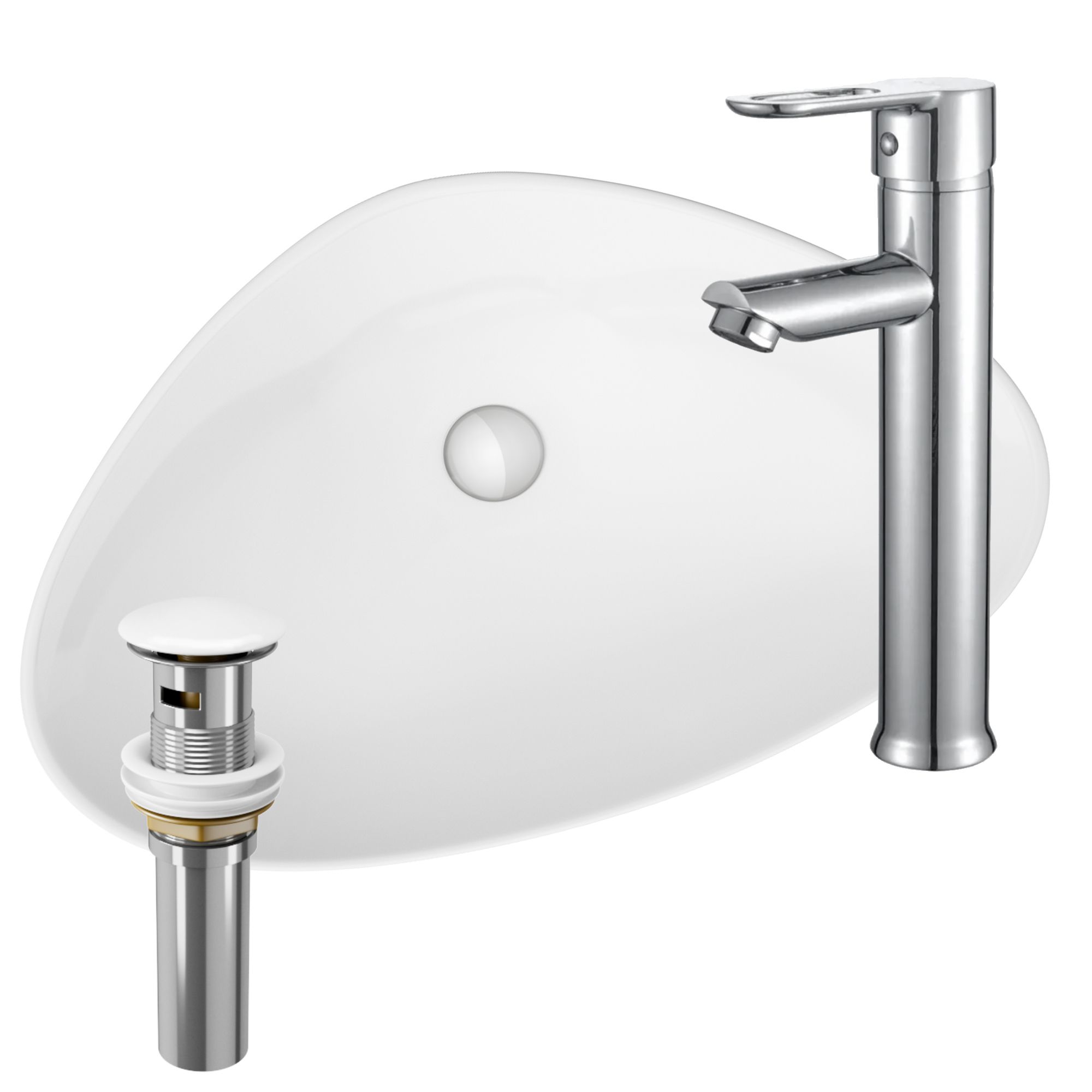 Раковина накладная со смесителем и выпуском (Умывальник BAU Triangle 59х39, белый + смеситель для раковины высокий Diadonna Dream, латунь, выпуск клик клак, белый)