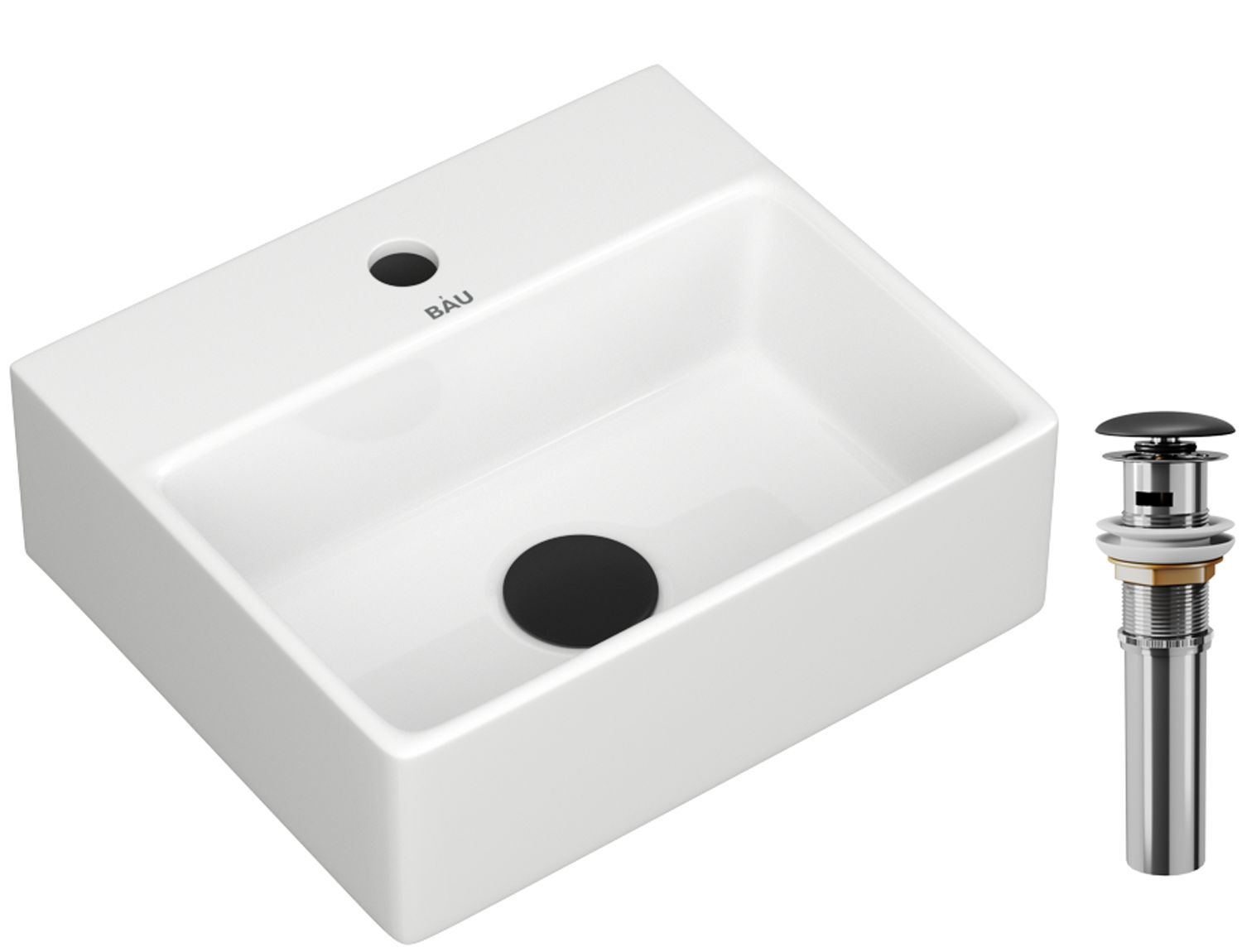 Раковина прямоугольная BAU Cerama Mini 33х28, с отверстием под смеситель, белая + выпуск