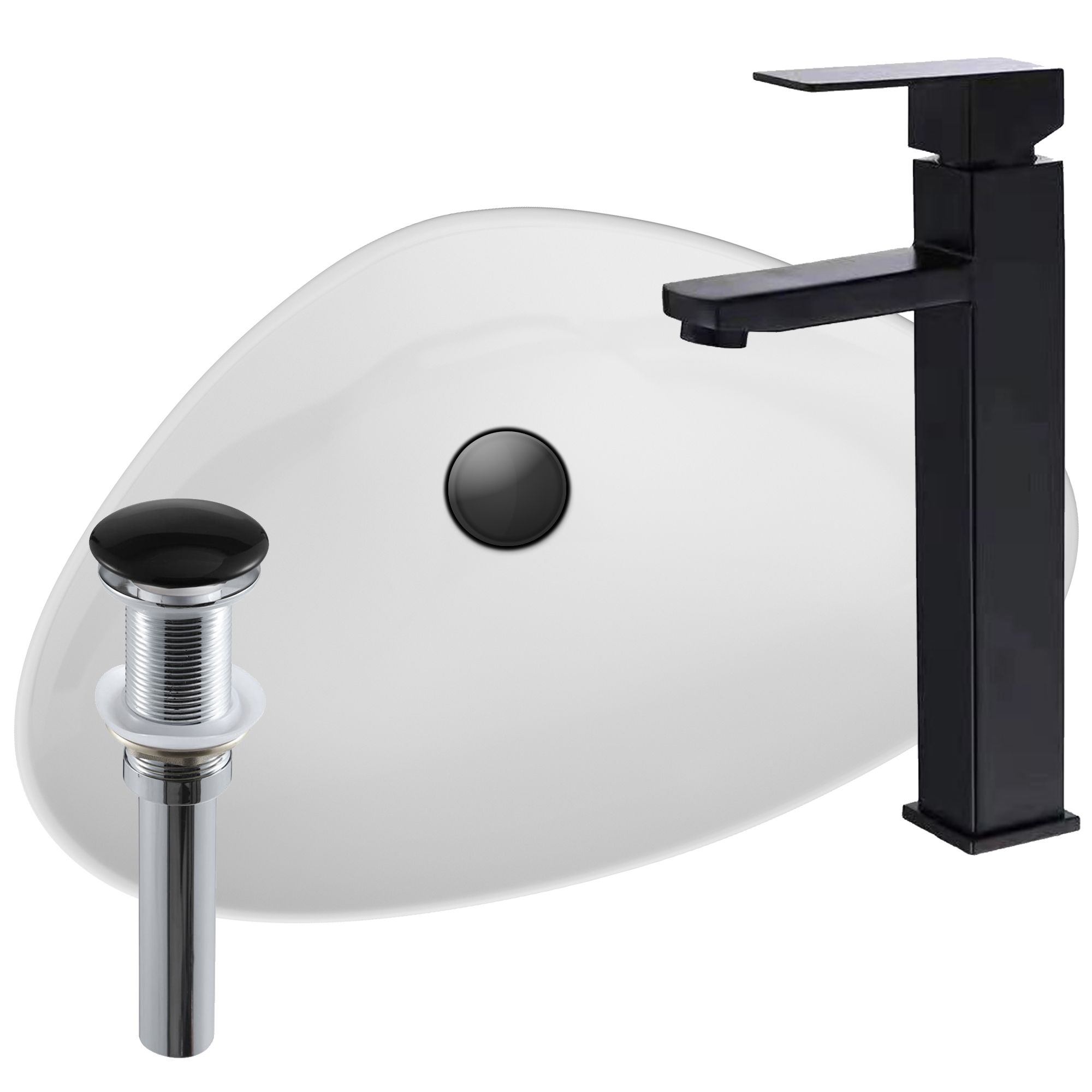 Раковина накладная со смесителем и выпуском (Умывальник BAU Triangle 59х39, белый + смеситель для раковины высокий Hotel Black, черный, выпуск клик клак, черный)