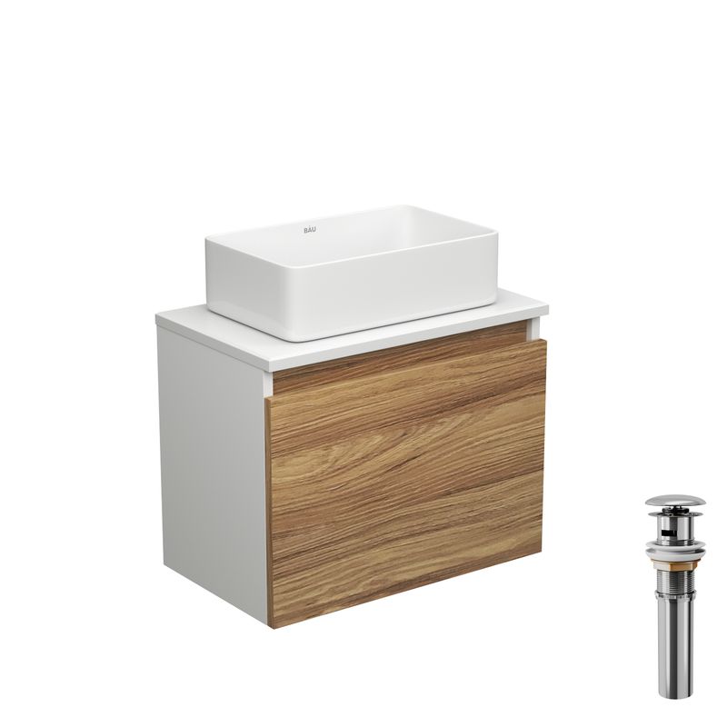 Тумба с раковиной и выпуском (тумба подвесная Bau Dream 50 + раковина BAU Hotel mini 37х23, белая, выпуск клик-клак, хром)
