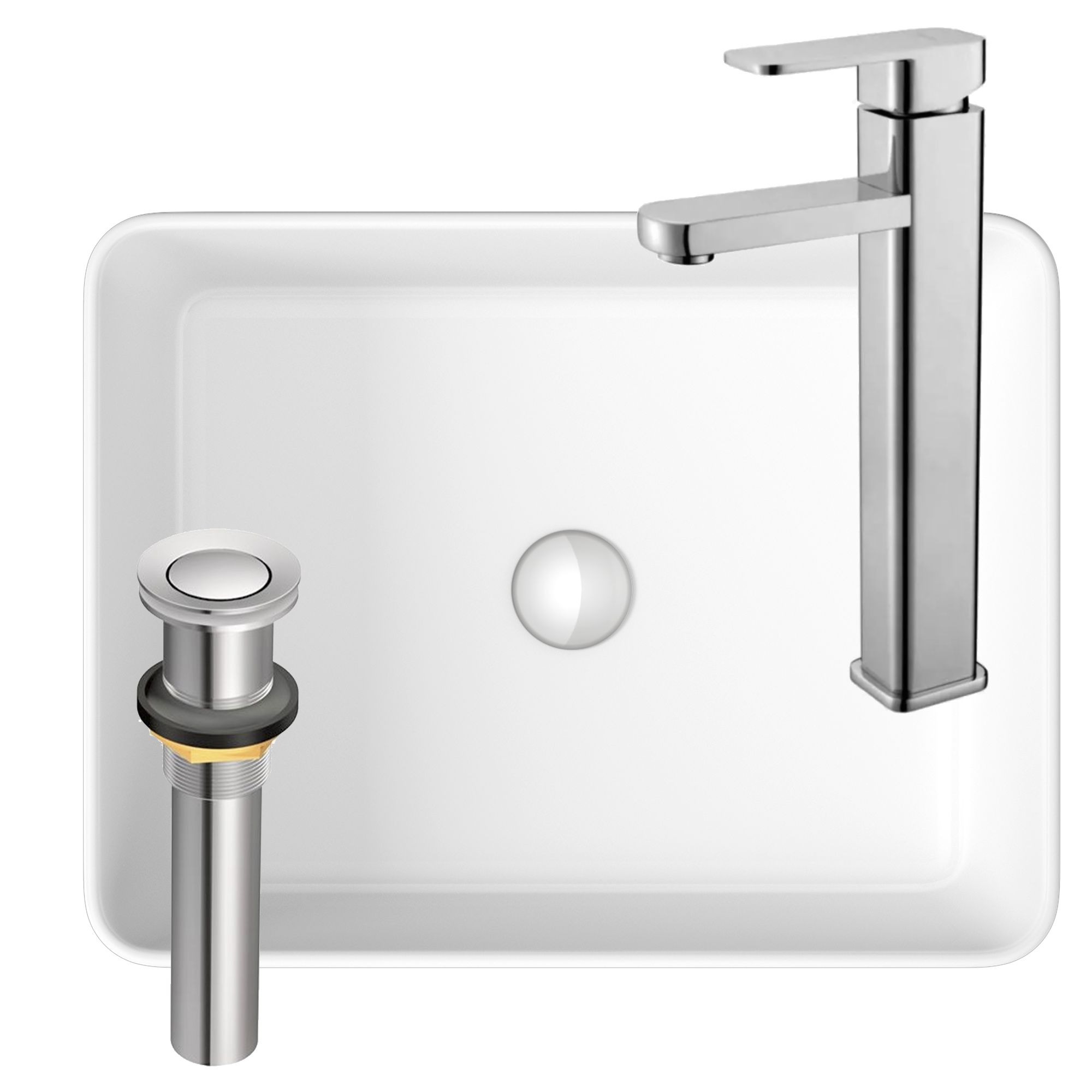 Раковина накладная со смесителем и выпуском (Умывальник BAU Hotel прямоугольная 48х37, белый + смеситель для раковины высокий Potato Hotel, выпуск клик клак, хром)