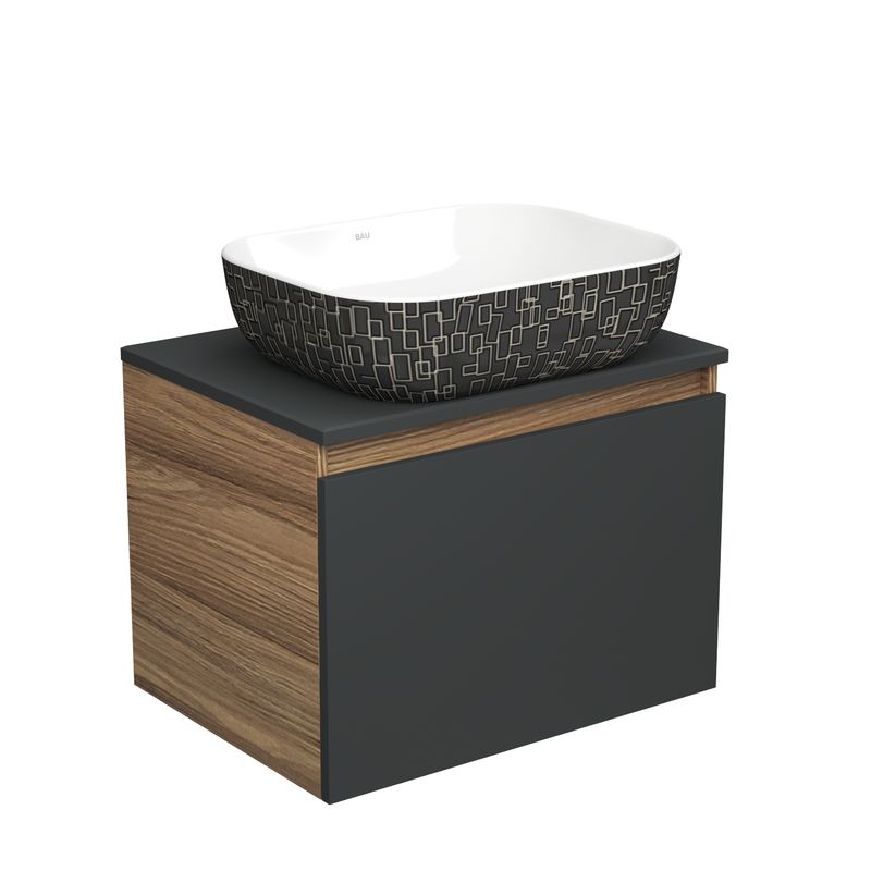 Тумба с раковиной (тумба подвесная Bau Dream Blackwood 60, графит + раковина санфаянс накладная BAU Stil Black White 50х40)